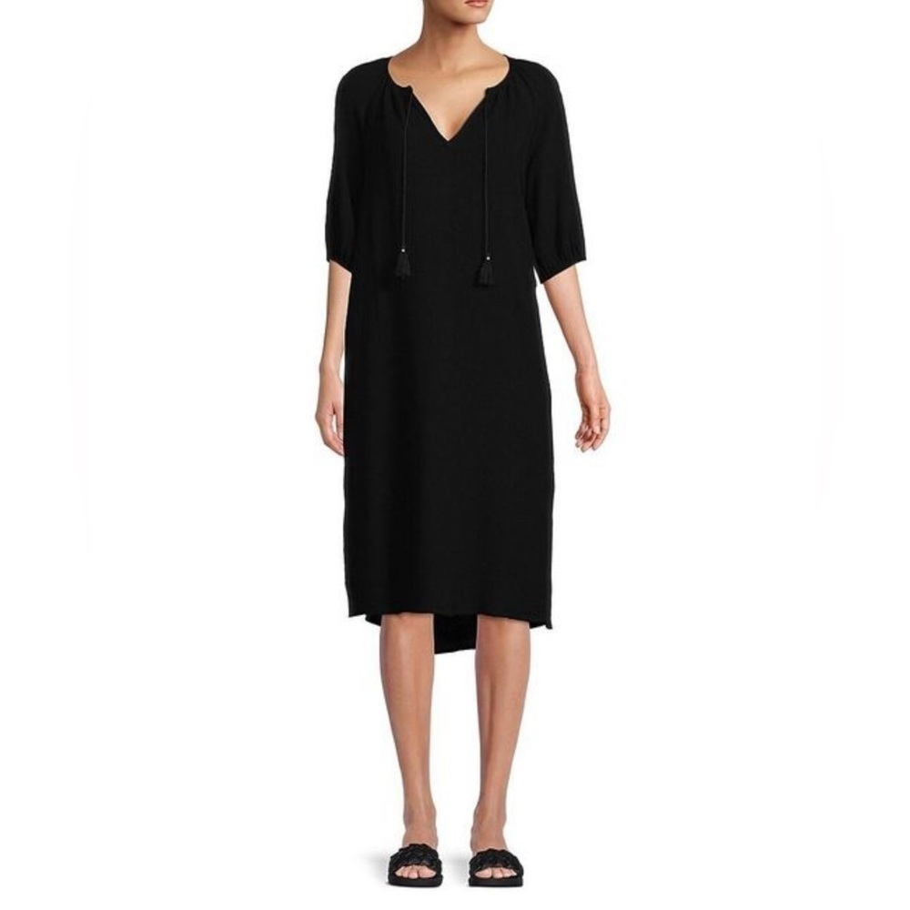 Socialite Black Cotton Tassel Tie Neck Shift Dress | 3/4 Sleeve Boho Midi Size M - Picture 1 of 6